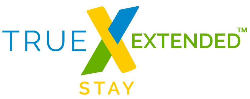 True Extended Stay logo with blue and green text and a large yellow-green X