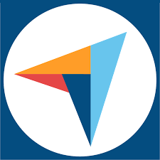 Blue-and-white logo with a colorful three-point arrow shape inside a white circle