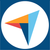 Blue-and-white logo with a colorful three-point arrow shape inside a white circle