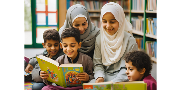 Kinderen en een vrouw lezen samen een kleurrijk boek in een bibliotheek.
