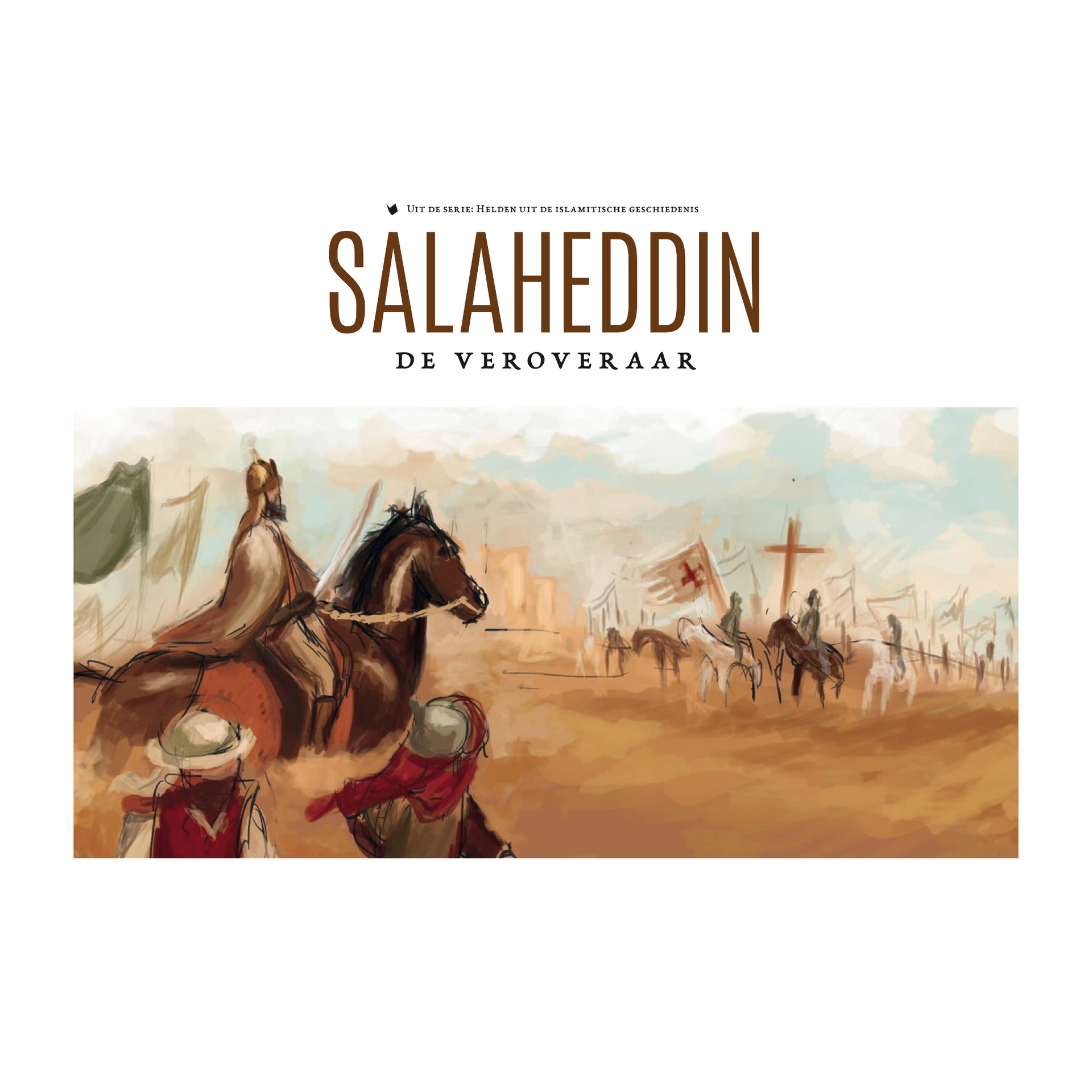 Kunstwerk dat Saladin te paard afbeeldt, die een leger aanvoert op weg naar een veldslag tegen de kruisvaarders.