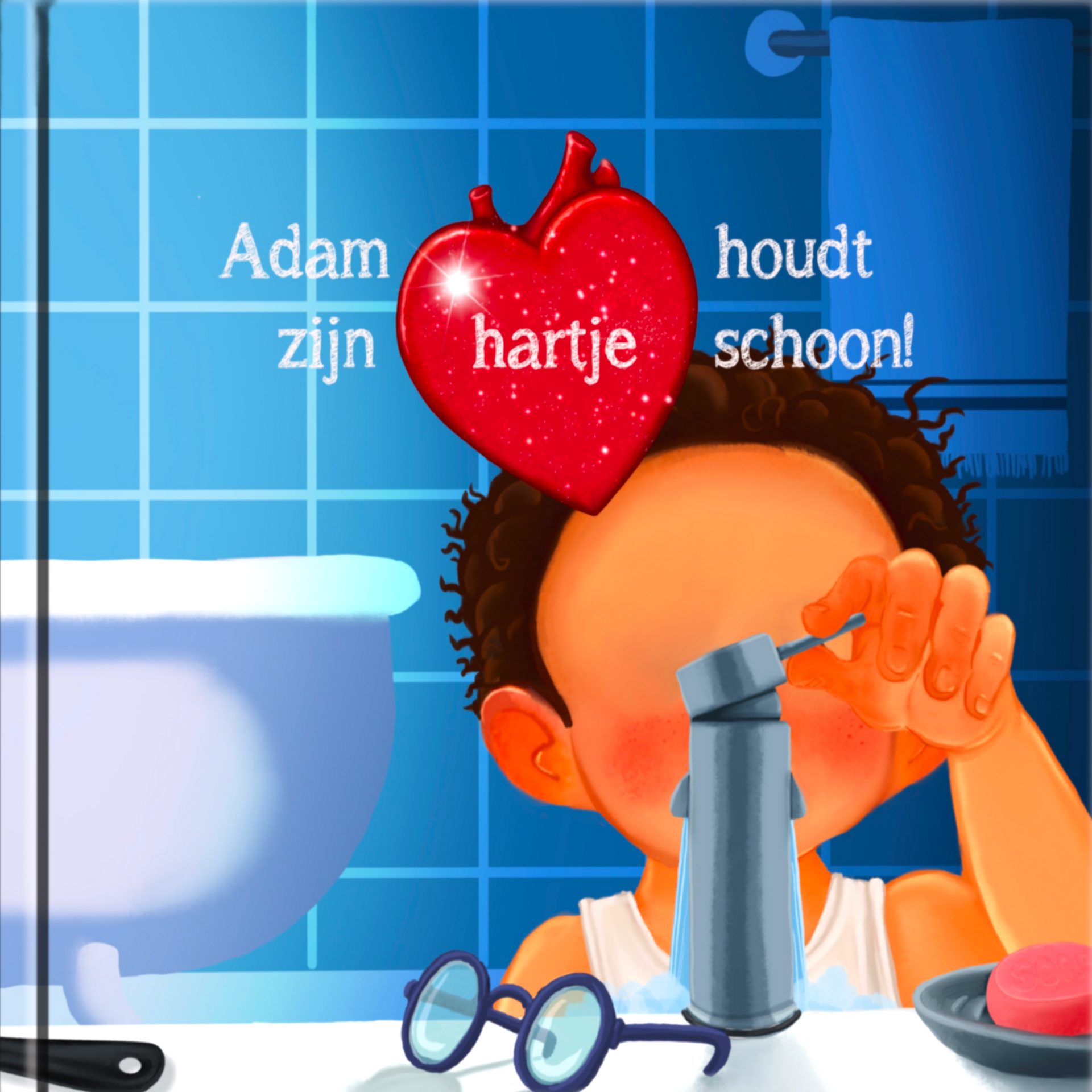 Een jongen in de badkamer sproeit met water. Boven zijn hoofd hangt een rood hartje met de tekst: