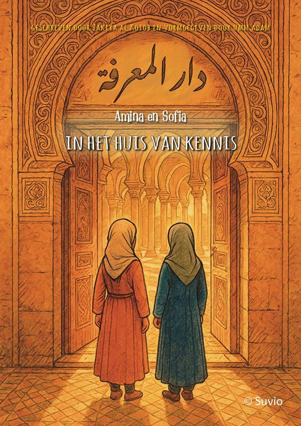 Twee figuren in gewaden staan voor een sierlijke boog, met Arabisch schrift erboven en