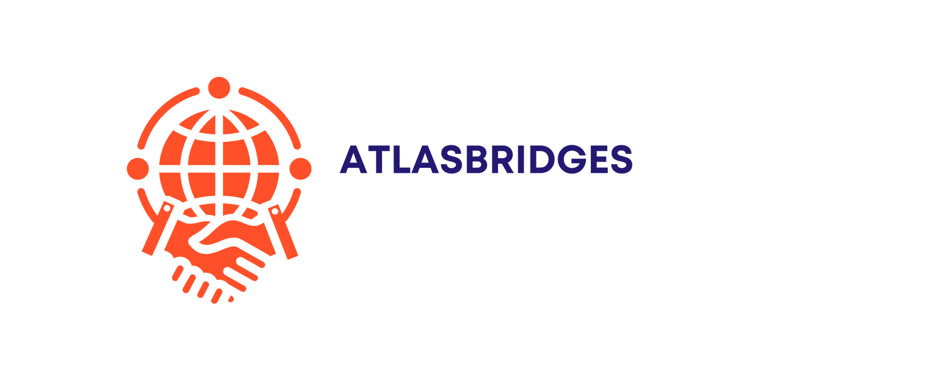 Logo van Atlas Bridges: een wereldbol en een handdruk-icoon in oranje met de tekst
