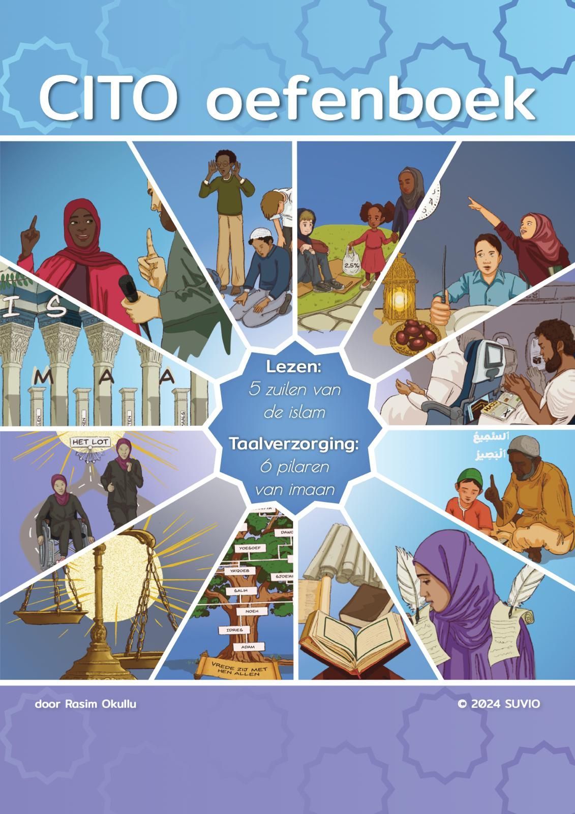 Omslag van het Cito oefenboek. Moslims afgebeeld in verschillende activiteiten, omringd door een blauw tandwielmotief. Nederlandse tekst.
