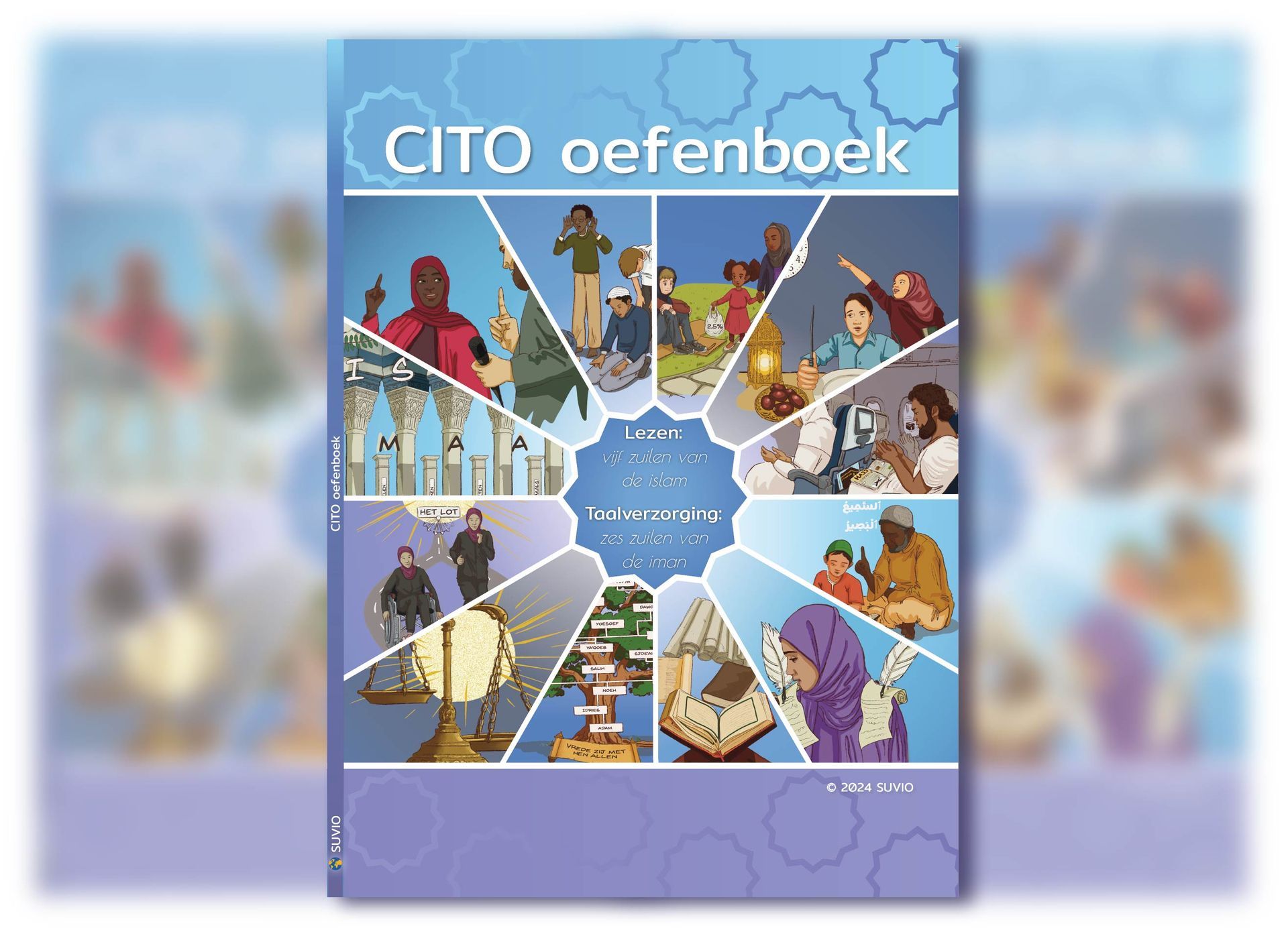 Boekcover met illustraties van diverse mensen en gebouwen, getiteld