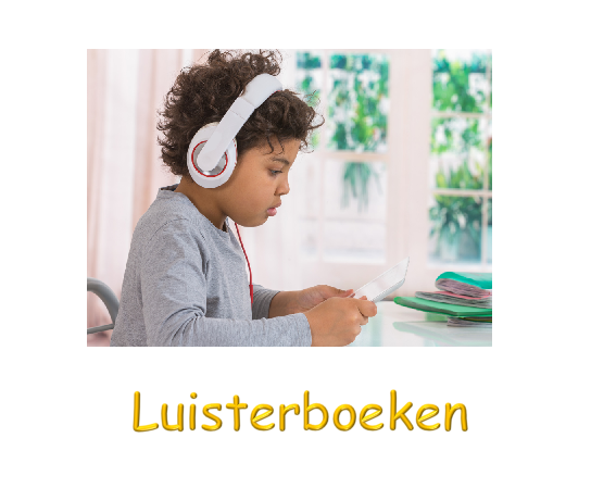 Jongen met koptelefoon luistert naar luisterboeken op een tablet; onderschrift: