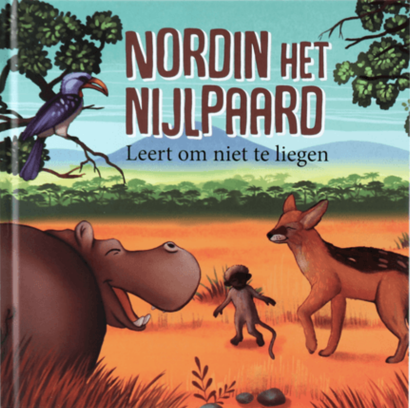 Boekcover met nijlpaard, leeuw, aap en vogel in een savanne; titel: “Nordin het nijlpaard”