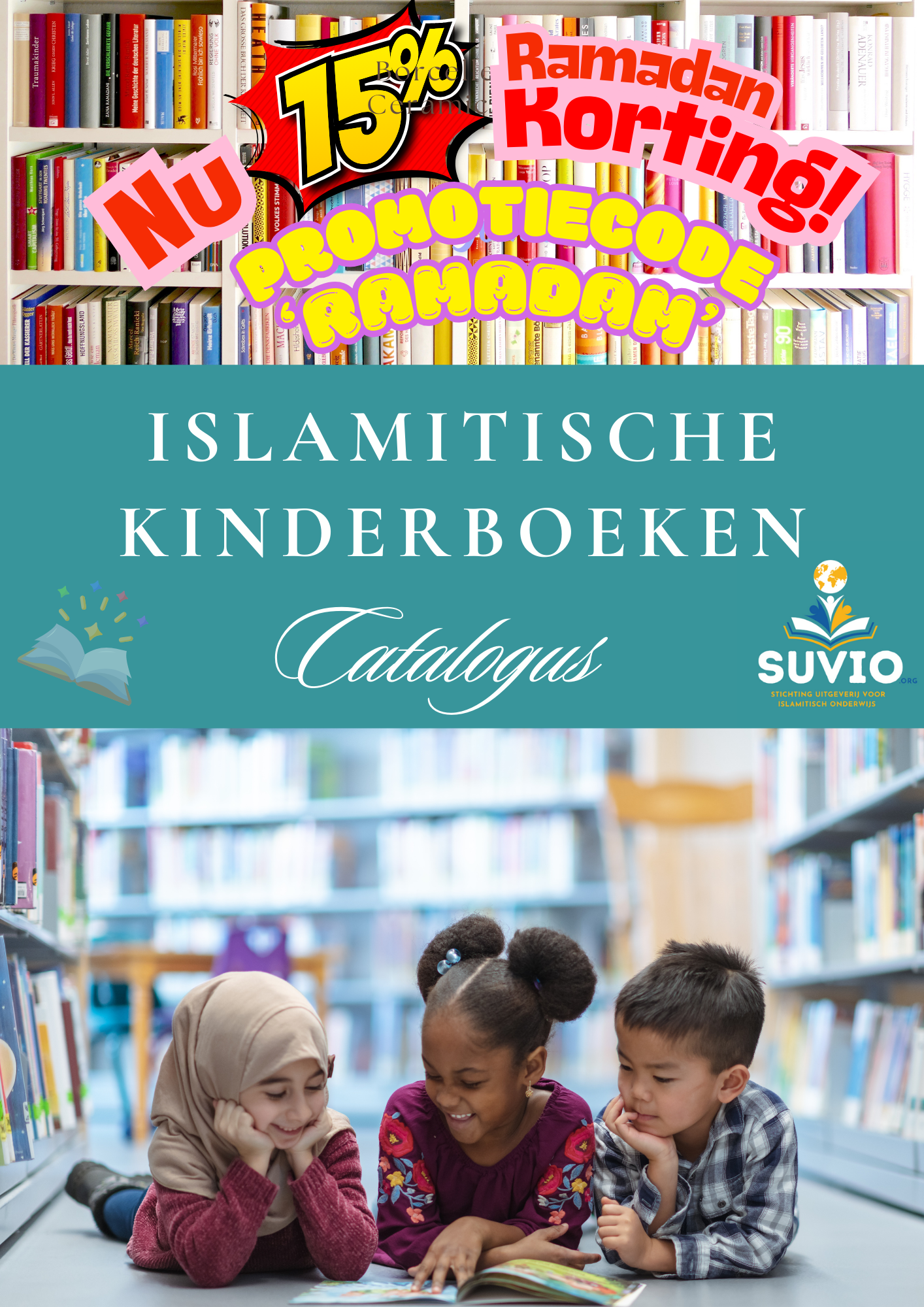 Catalogusomslag voor islamitische kinderboeken, met lezende kinderen en een Ramadan-korting van 15%.