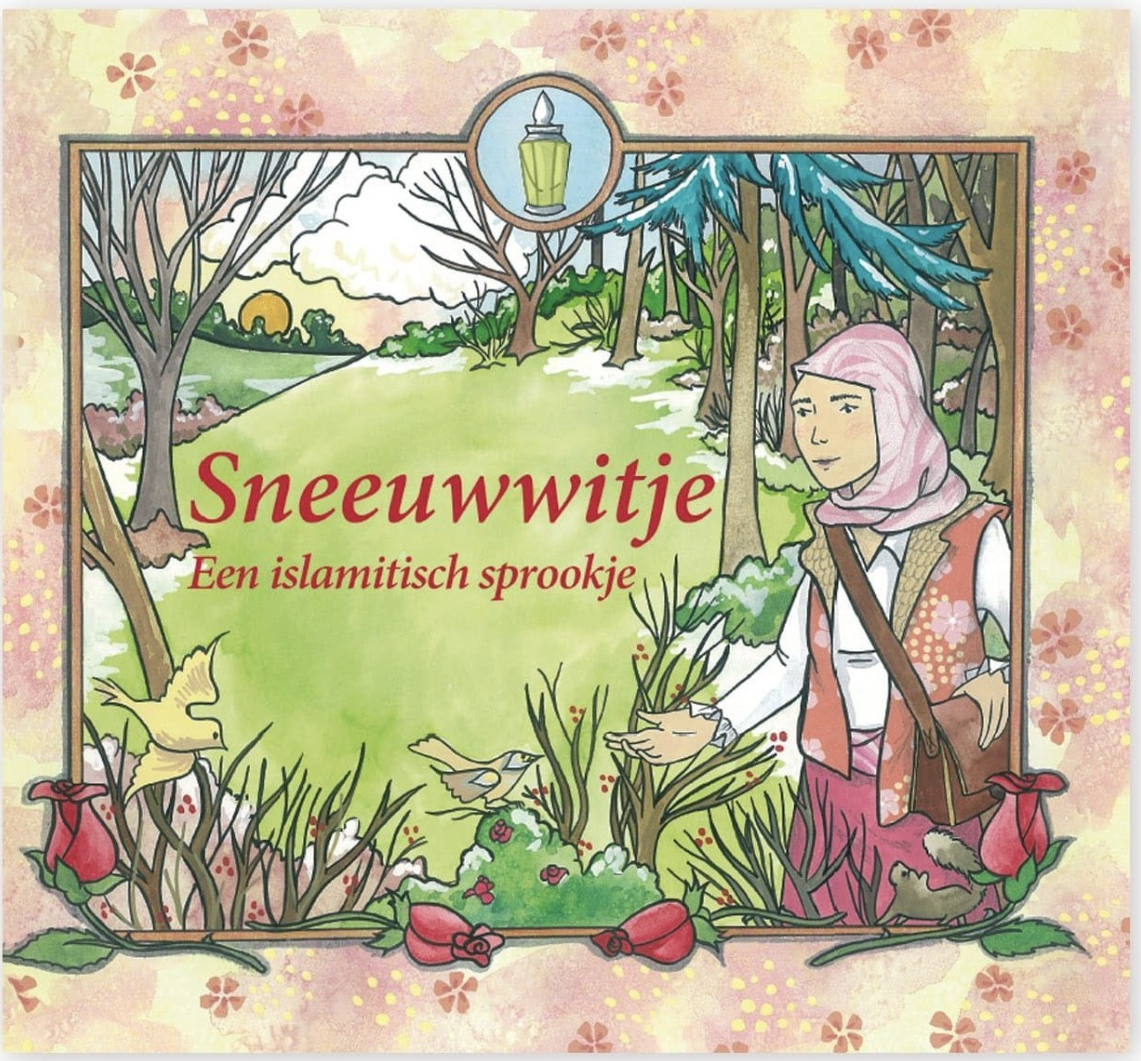Nederlandse boekomslag voor “Sneeuwwitje”, met een sprookjesbos en een meisje met een roze kap.