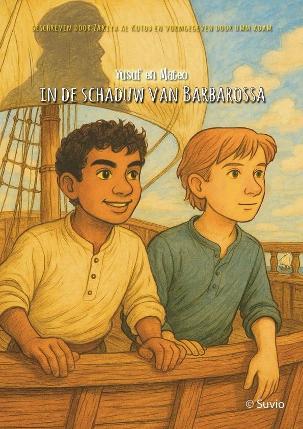 Twee jongens op een schip, vooruitkijkend. Nederlandse boekomslag: