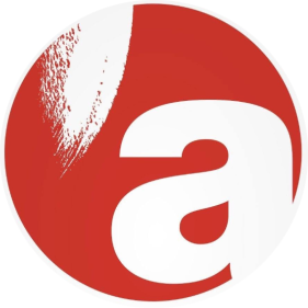 Logo circolare rosso e bianco con una 