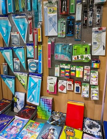 In un negozio al dettaglio, una parete espositiva con vari accessori per telefoni in confezioni colorate.