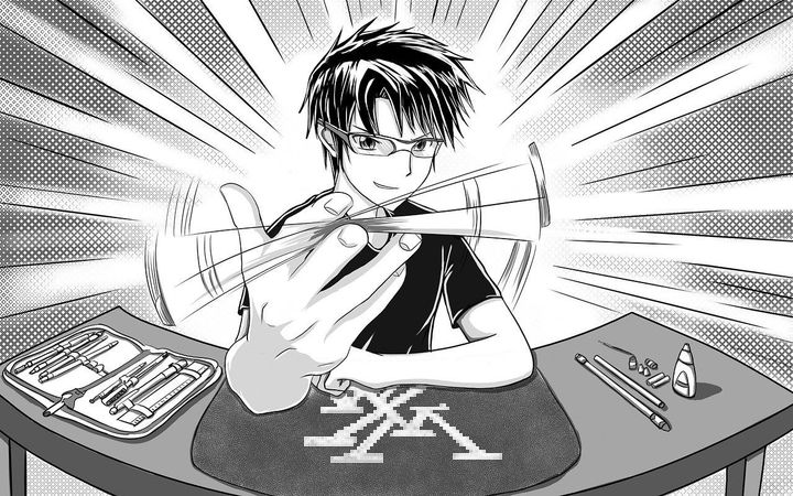 Personaggio in stile manga in bianco e nero che tiene una penna sopra una scrivania piena di fogli e linee di espressione drammatiche.