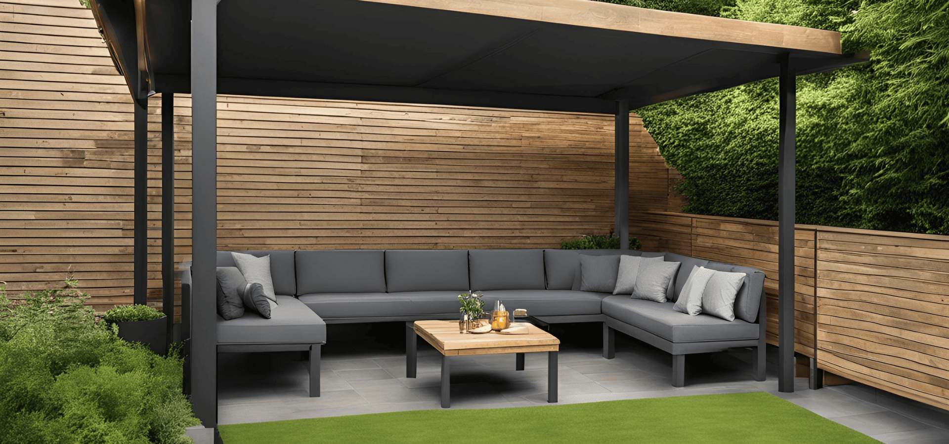Fully sheltered seating area with a sofa and a coffee table in a garden