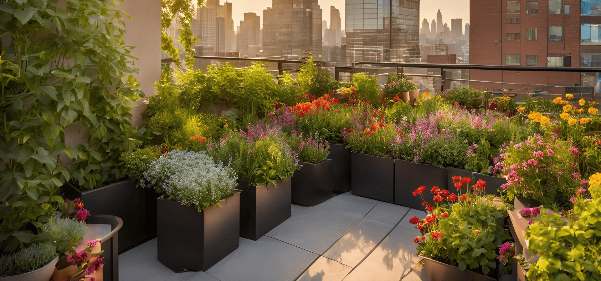 Rooftop garden filled with a variety of different colored plants in containers