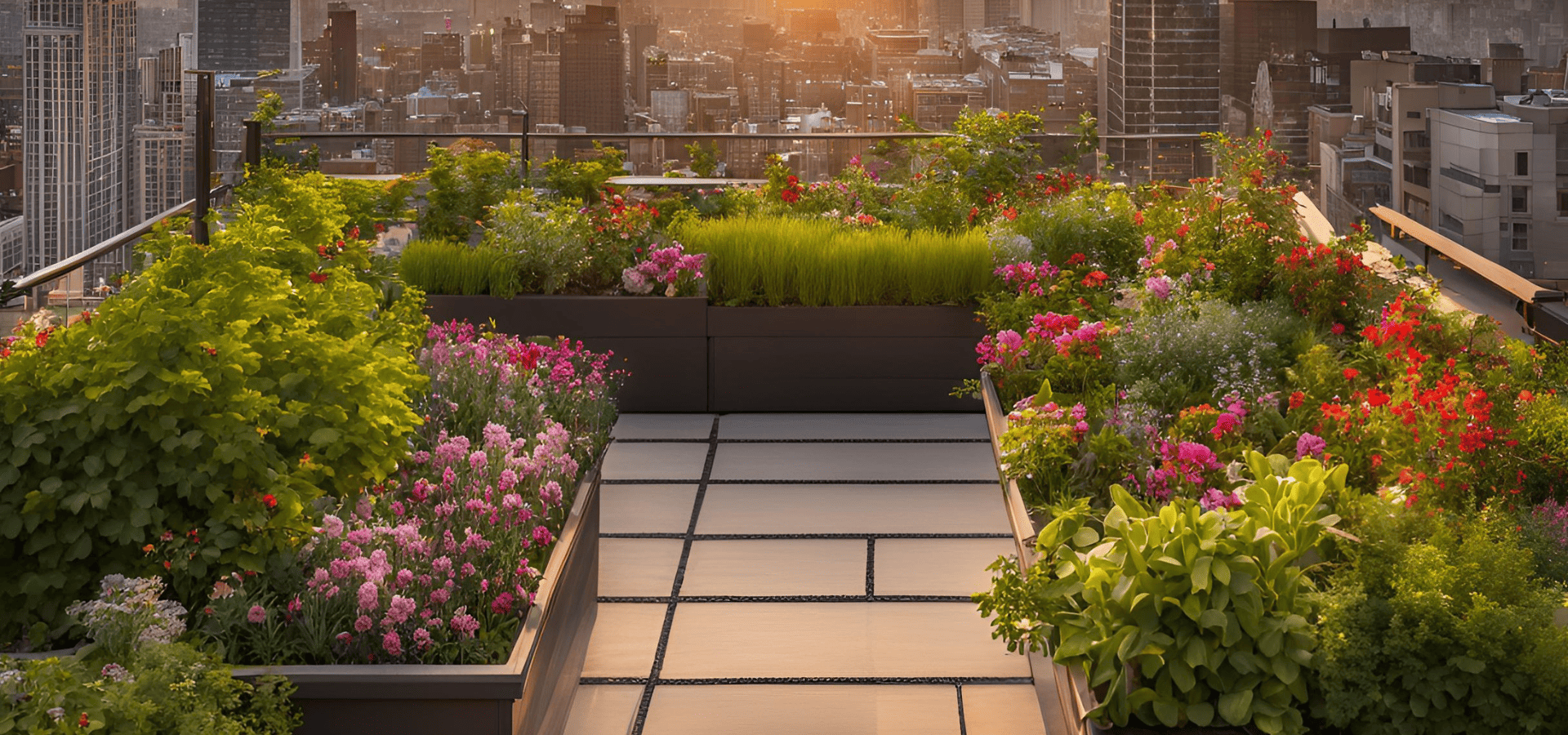 Rooftop landscape neatly arranged with rows of plants