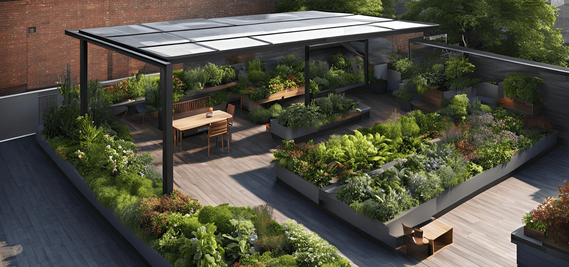 Rooftop landscape with a covered pergola sheltering some plants and a seating area