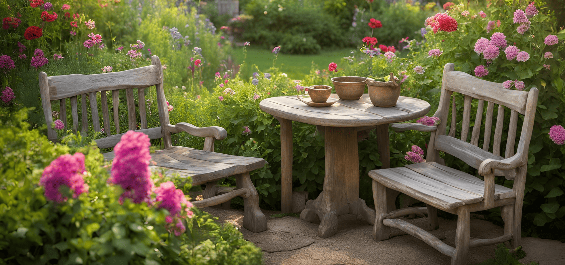 Two rustic seats and a table in a cottage garden landscaped by Boise Landscaping Company