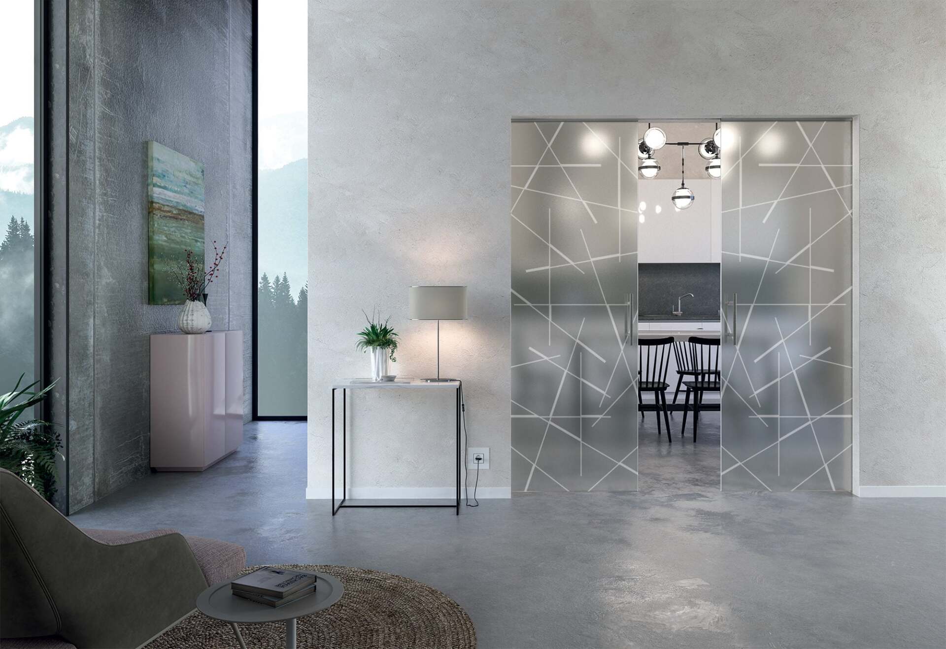 Interni moderni con porte scorrevoli in vetro smerigliato che conducono alla cucina.