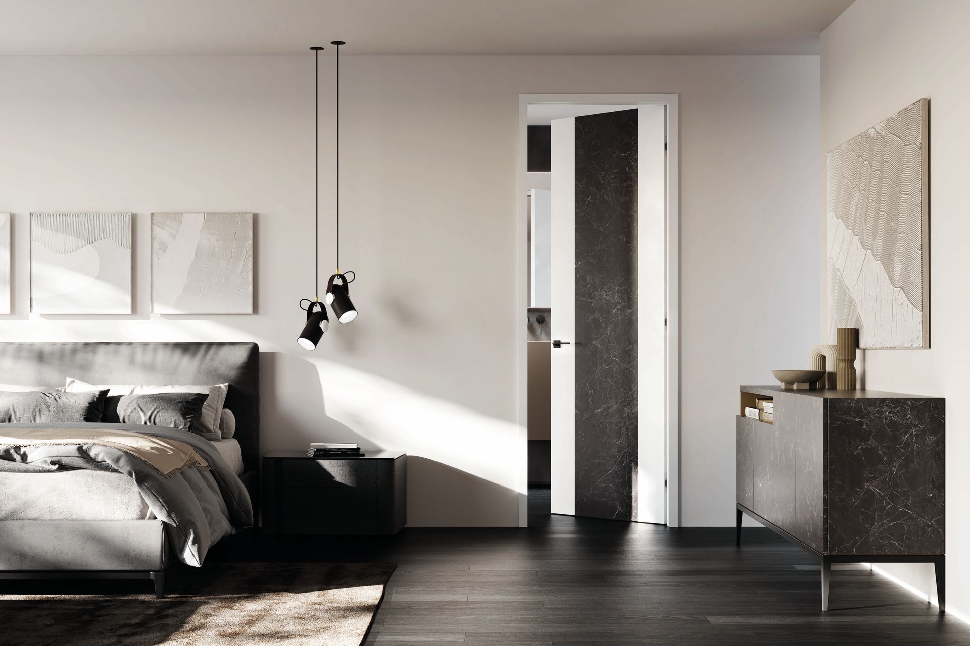 Camera da letto moderna con letto, comodino, opere d'arte e porta aperta su un'altra stanza.