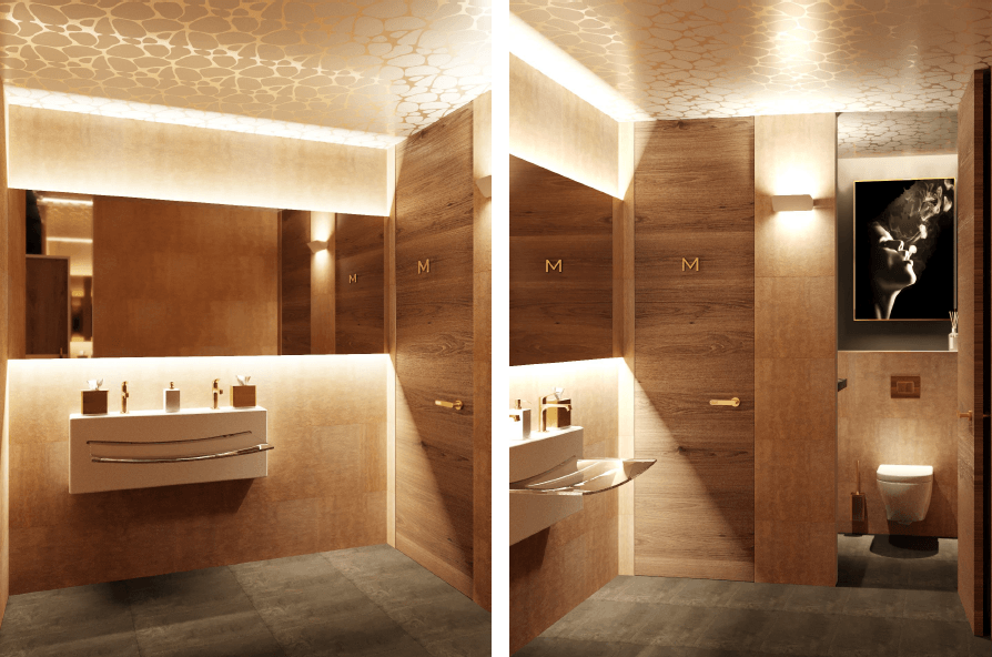 Lussuoso bagno con pannelli in legno, eleganti sanitari e illuminazione artistica.