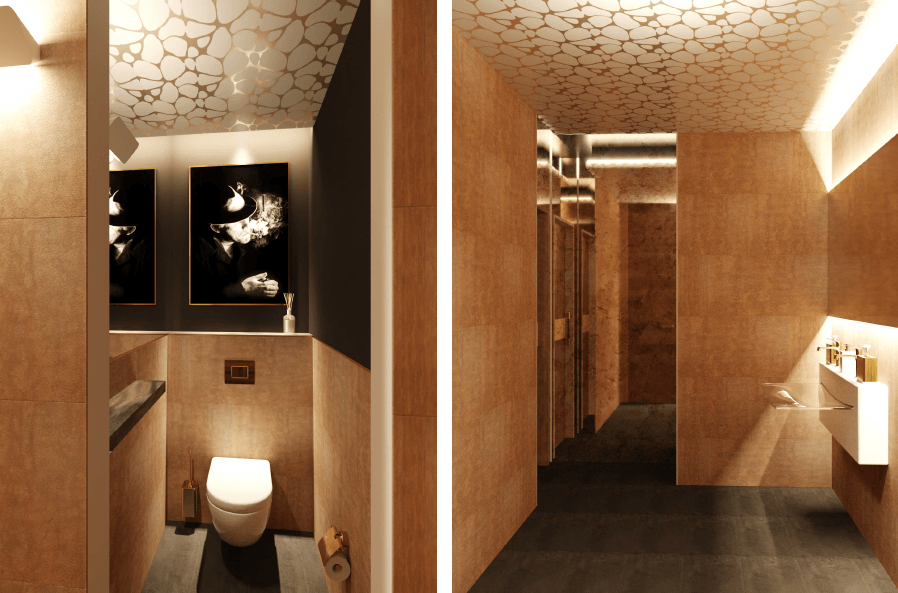 Lussuoso bagno interno con pareti color cuoio, soffitto decorato, WC, opere d'arte e un lungo corridoio.