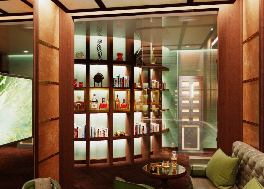 Un bar di lusso con scaffali illuminati che espongono bottiglie di liquore. In primo piano, una zona salotto con un tavolino.