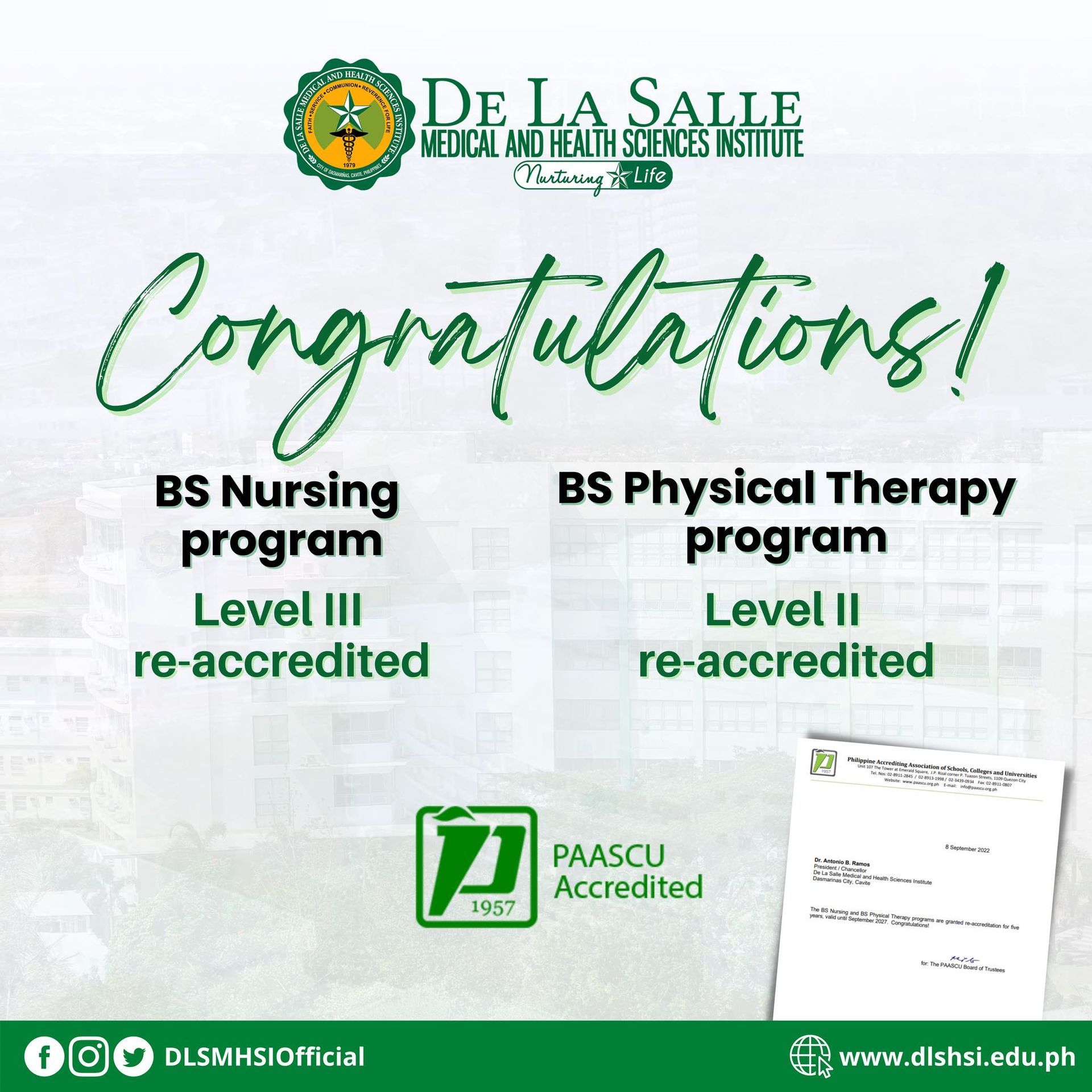 De La Salle Medical and Health Sciences Institute congratulatory poster for BS Nursing and BS Physical Therapy re-accreditation