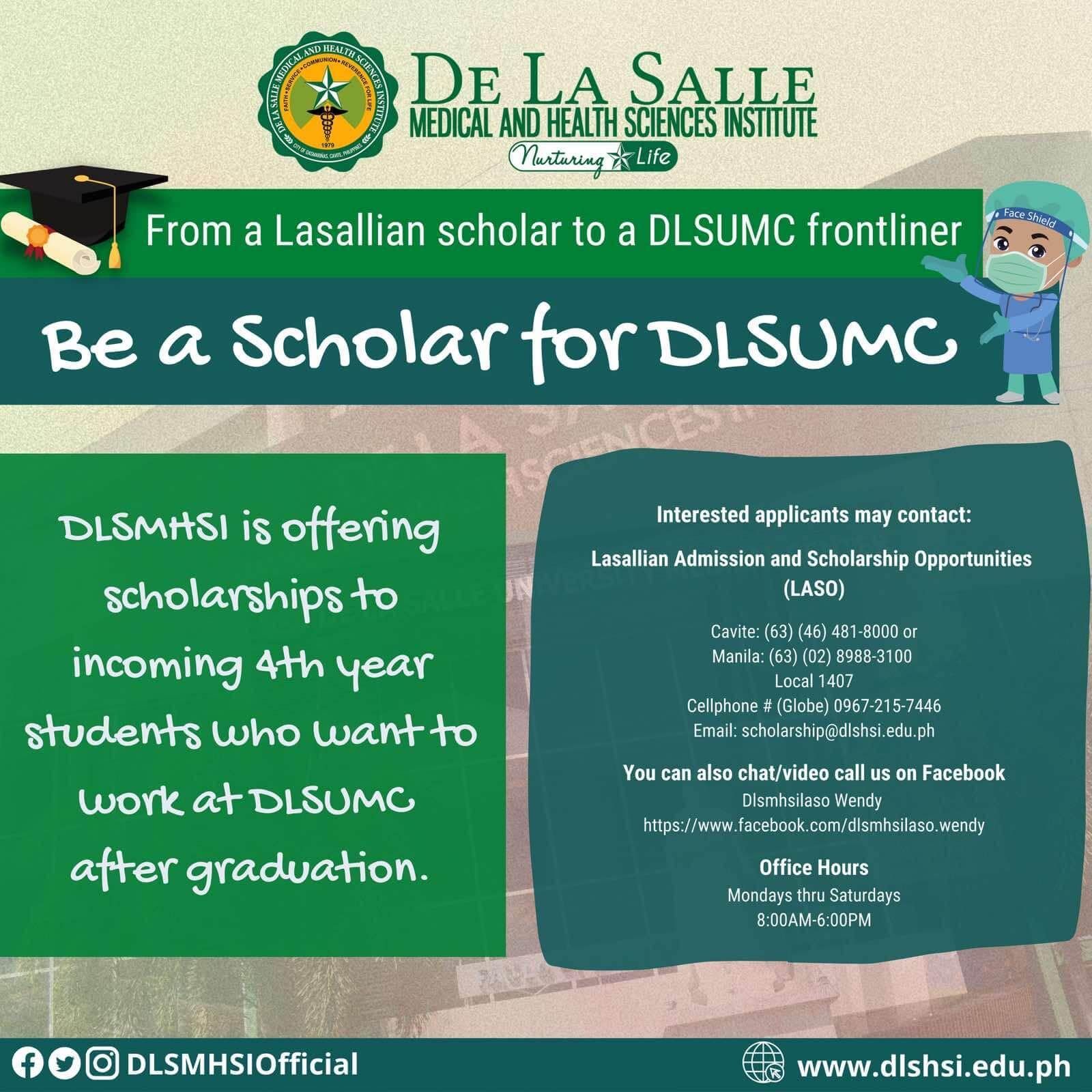 De La Salle Medical and Health Sciences Institute scholarship poster with teal background and “Be a Scholar for DLSUMC” text