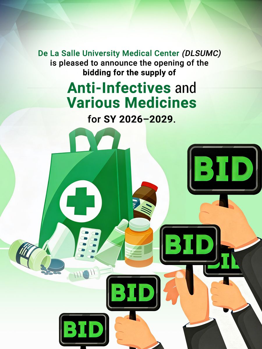 Announcement poster for bidding on anti-infectives and various medicines, with BID signs and green medical icons