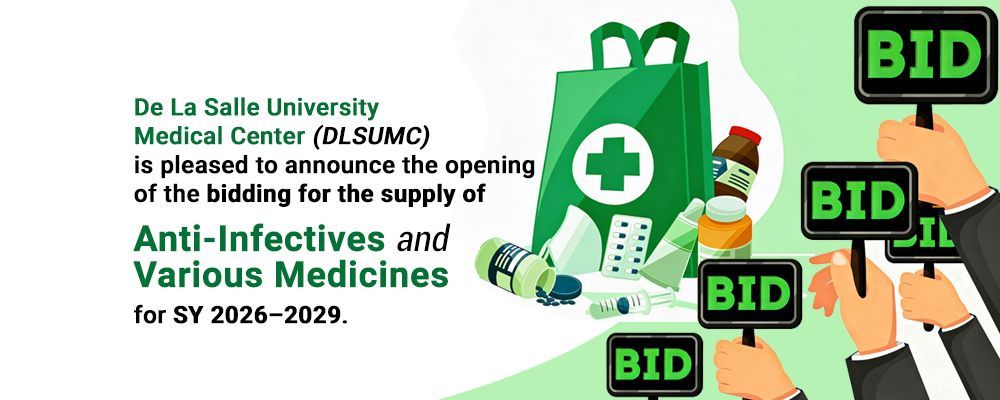 De La Salle University drug auction announcement with green BID signs, medicine bag, and syringe icons