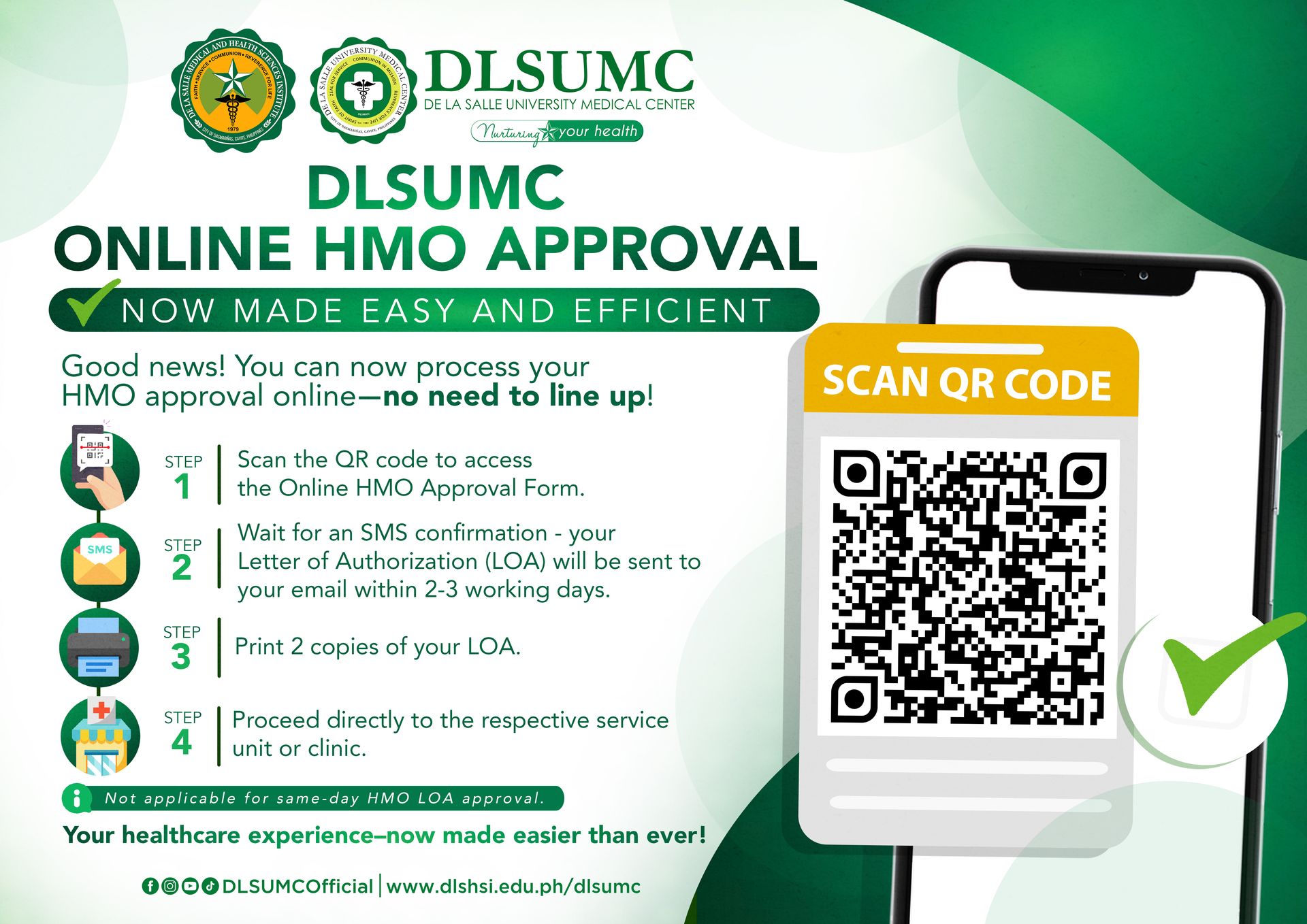 DLSUMC online HMO approval flyer with QR code, green accents, and step-by-step instructions on a phone screen