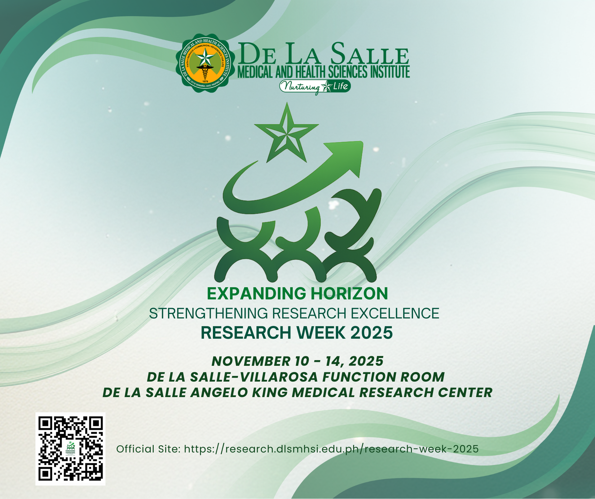 Green event poster for De La Salle with logo, QR code, and text for Expanding Horizon Research Week 2025