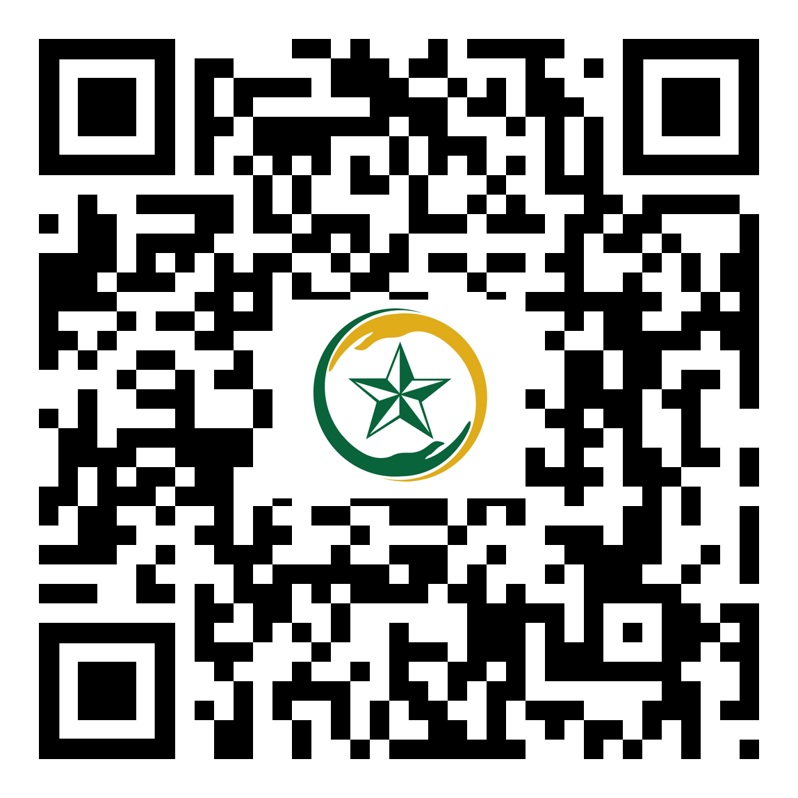 Black-and-white QR code with a green-and-gold star logo in the center.