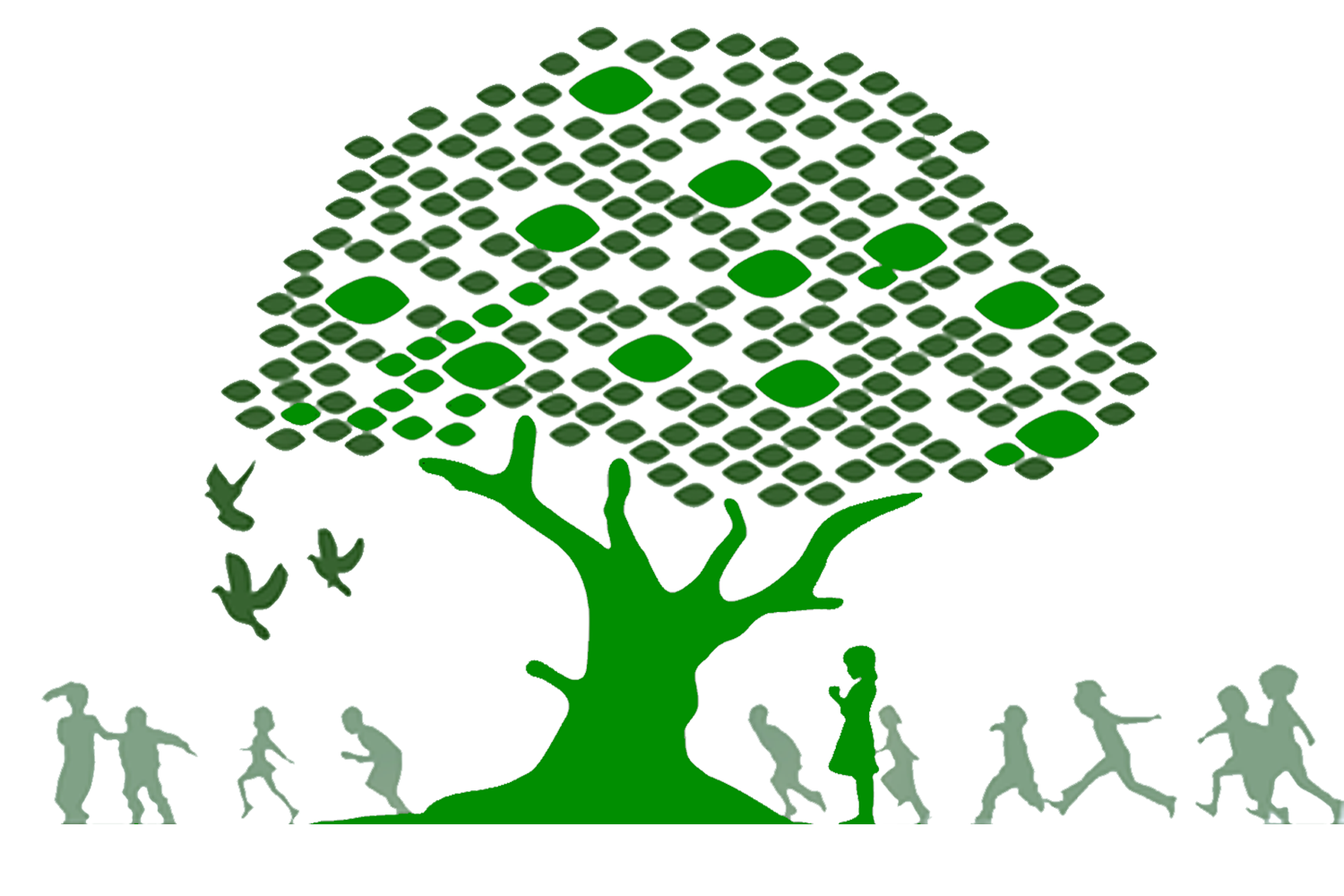 Green tree with people silhouettes walking and playing beneath its canopy