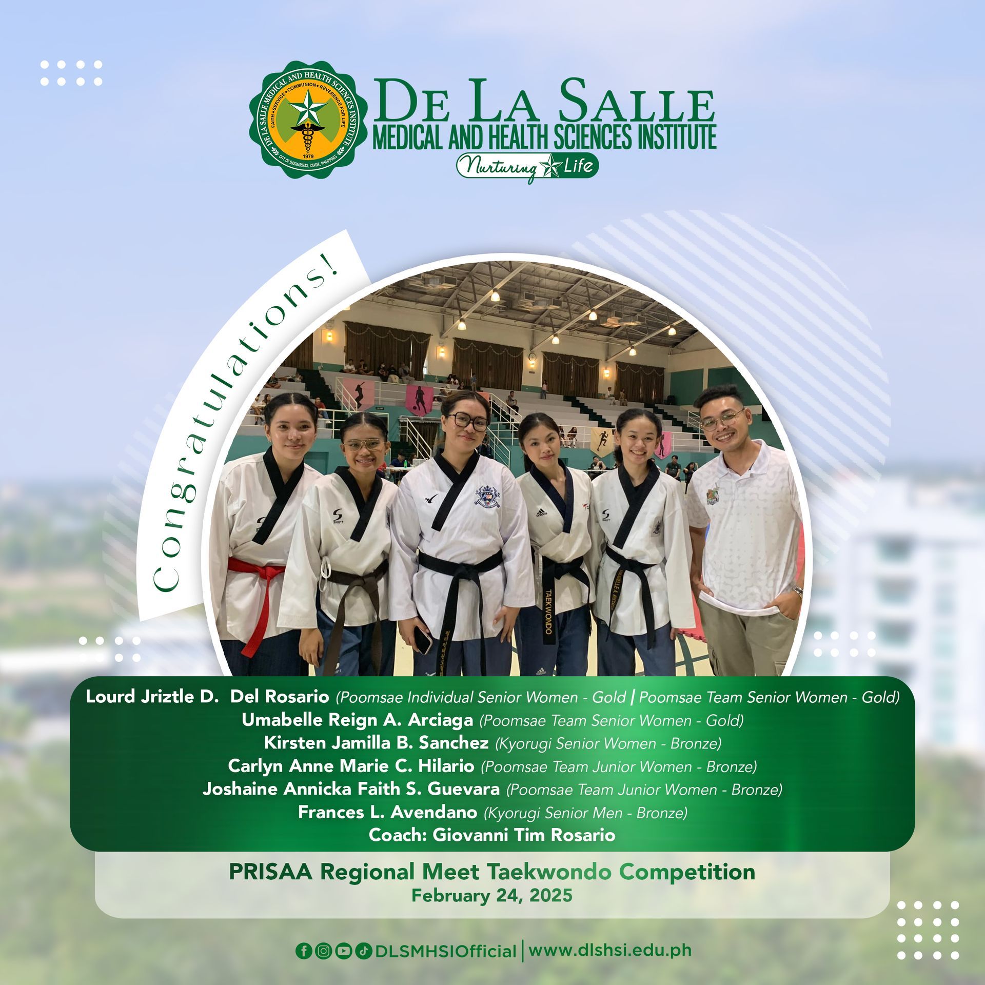 De La Salle commemorative poster with a group photo and text for the PRSAA Regional Meet Taekwondo Competition.