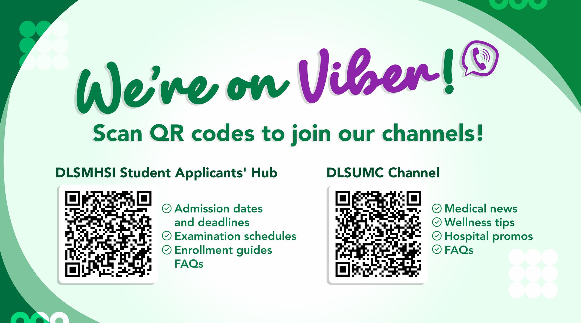 Green Viber promo poster: “We’re on Viber!” with QR codes for student hub and channel on a white background.