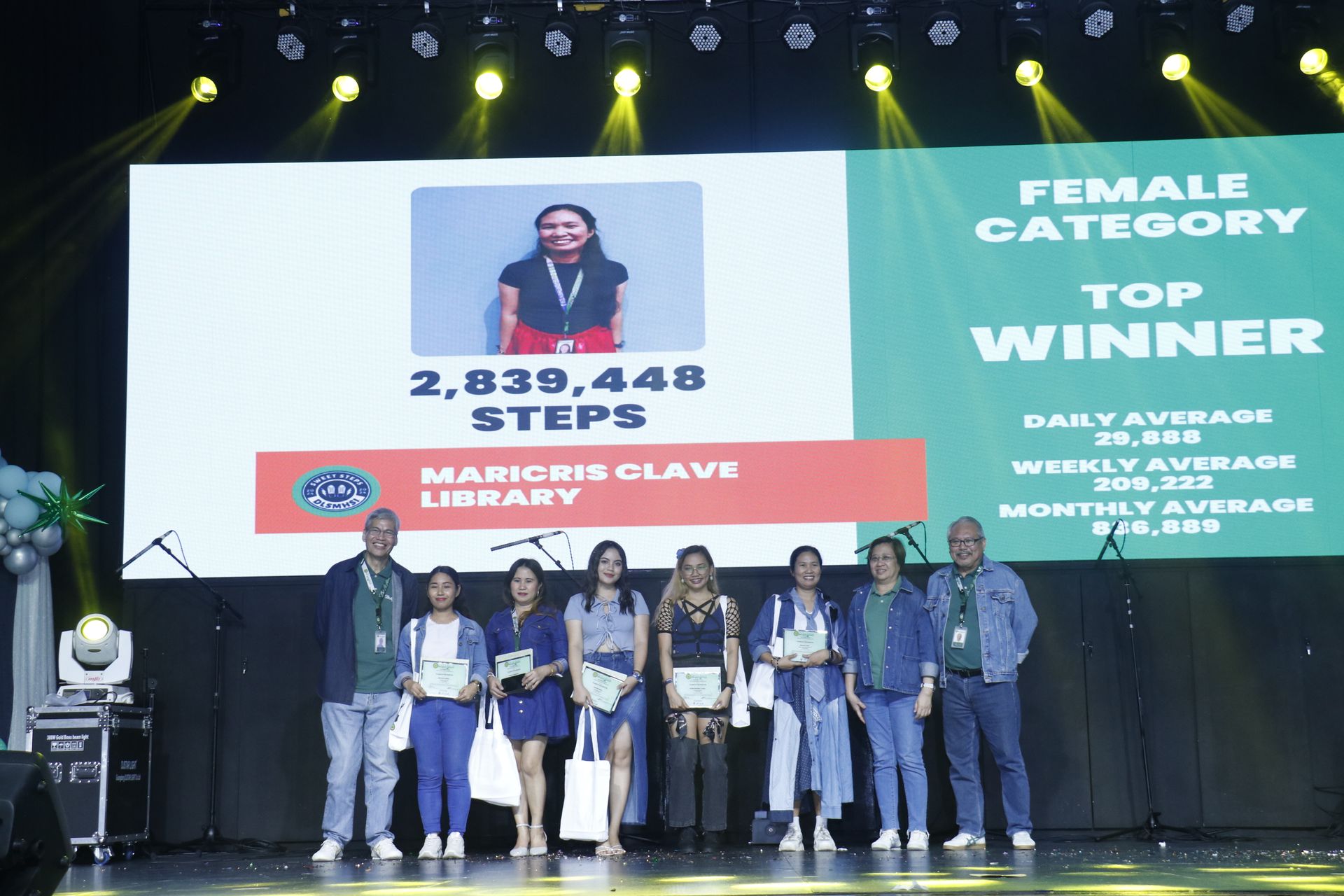 Group of people on a stage holding a trophy, with a large screen showing “Female Category Winner” and “2,839,448 steps.”