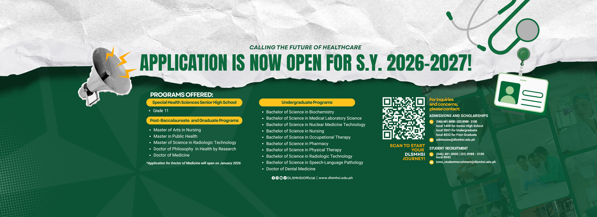 Green application banner announcing open applications for S.Y. 2026–2027, with bee graphics and white text.
