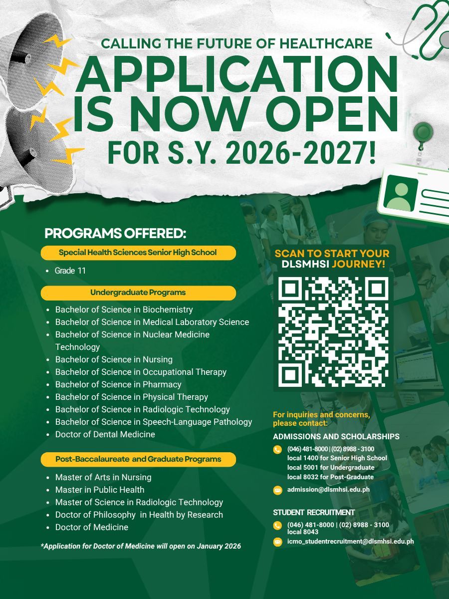 Application open for S.Y. 2026-2027 poster with programs listed and a QR code on green background