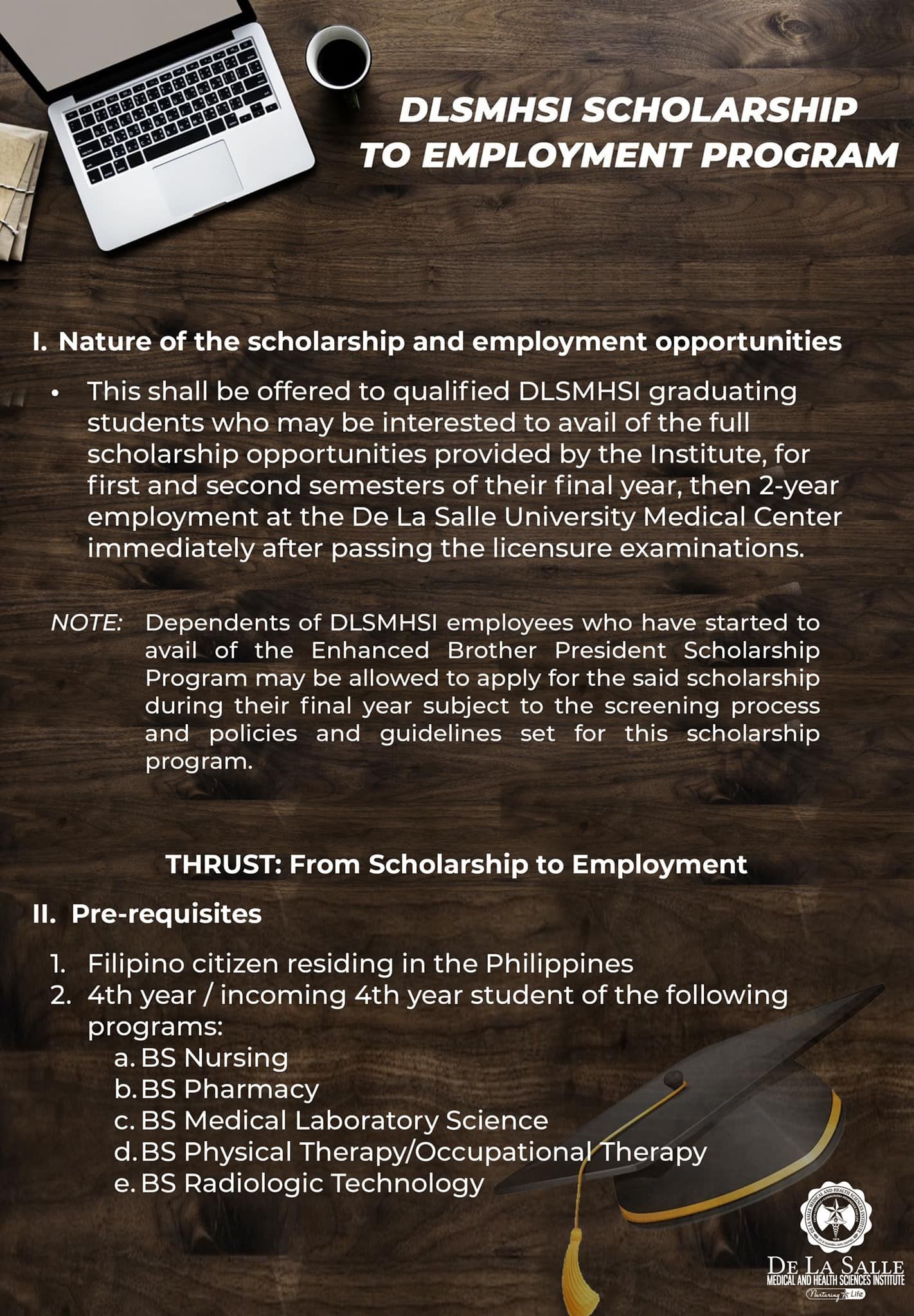 Scholarship poster with laptop and coffee on a dark wooden desk, titled “CLESMISH Scholarship to Employment Program.”