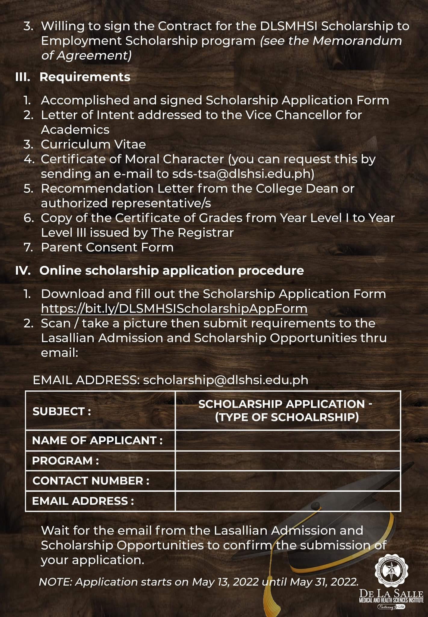 Blurred black-and-white flyer with bullet points and a table, titled about online scholarship application procedure.