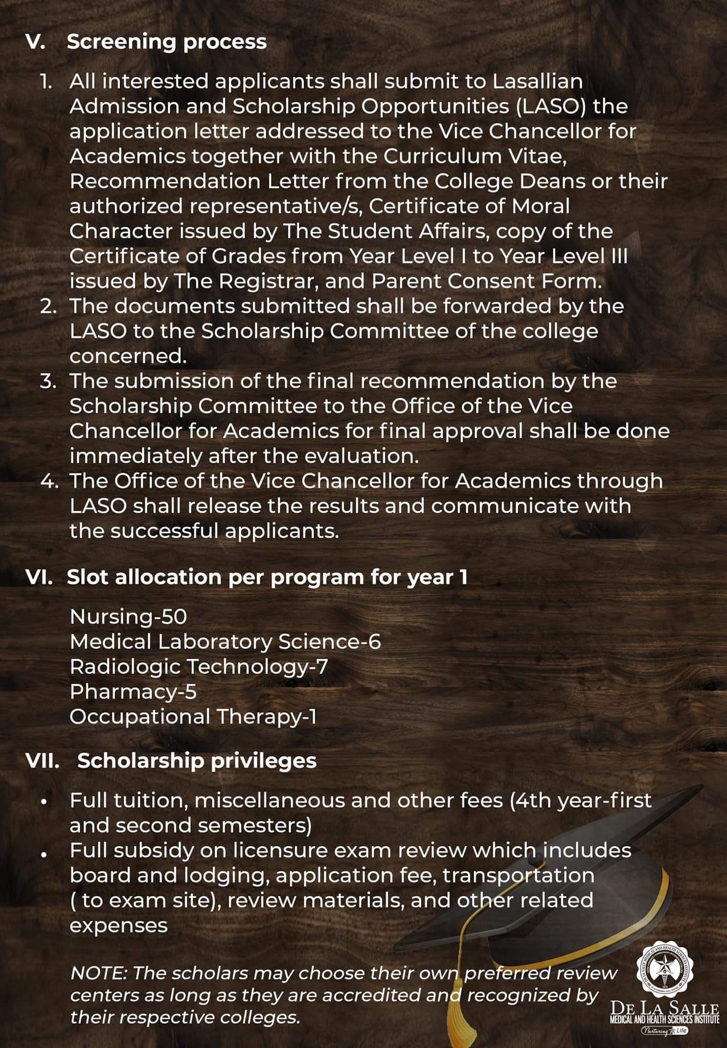 Blurred text poster on a dark wooden background with white headings and bullet points.