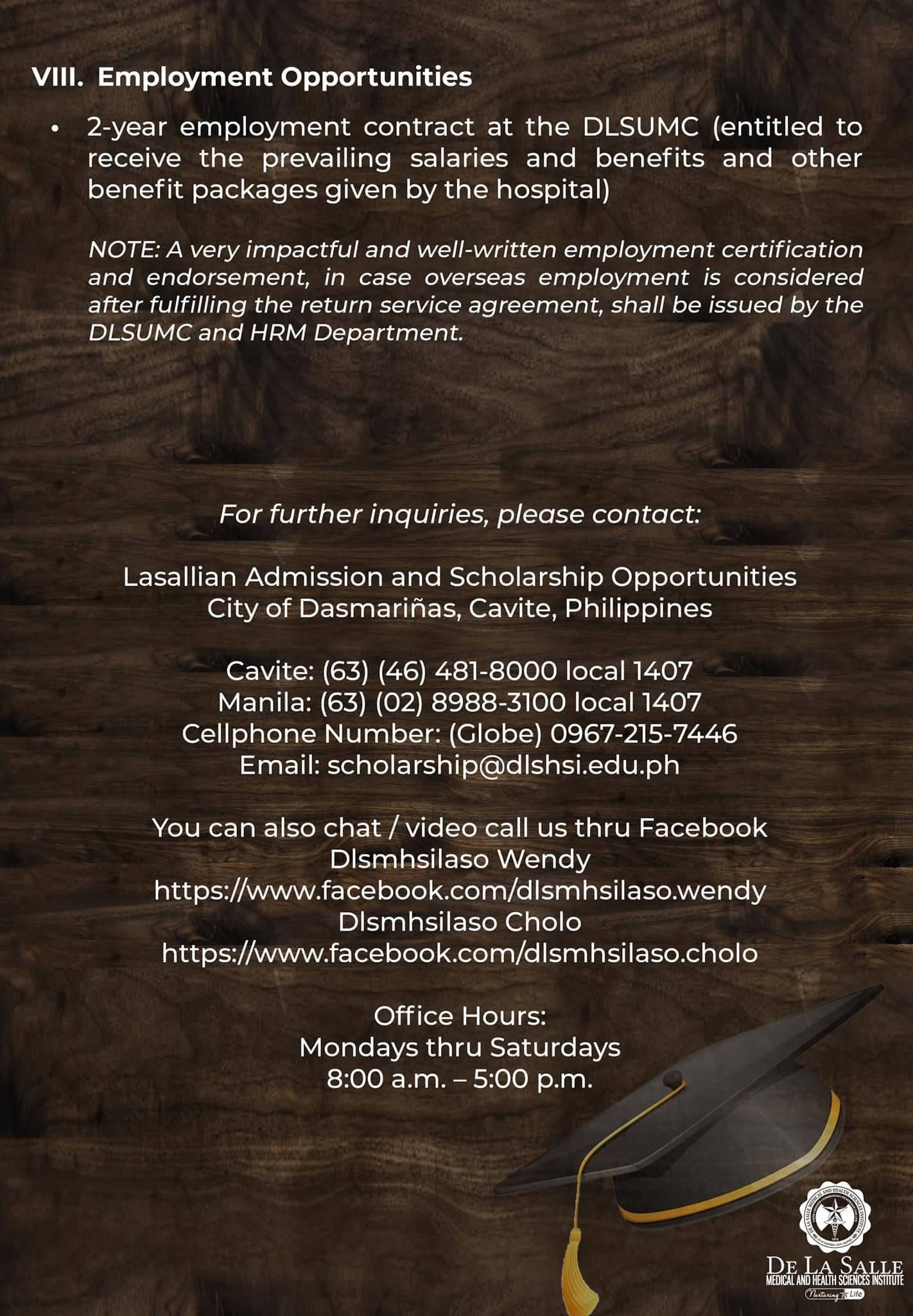 Worn employment opportunity flyer on dark wood background with white text and a graduation cap in the corner