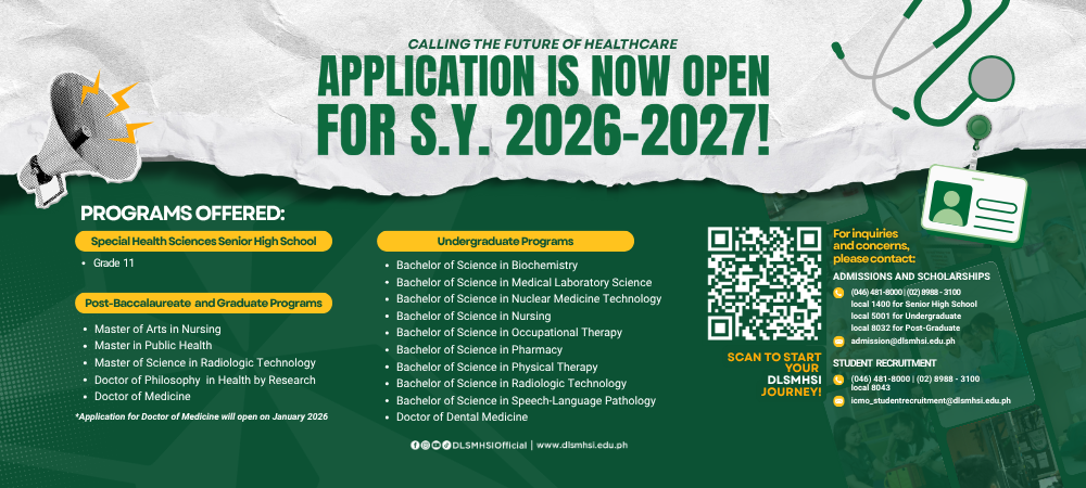 Green school flyer announcing “Application is now open for S.Y. 2026–2027” with programs, QR code, and contact details