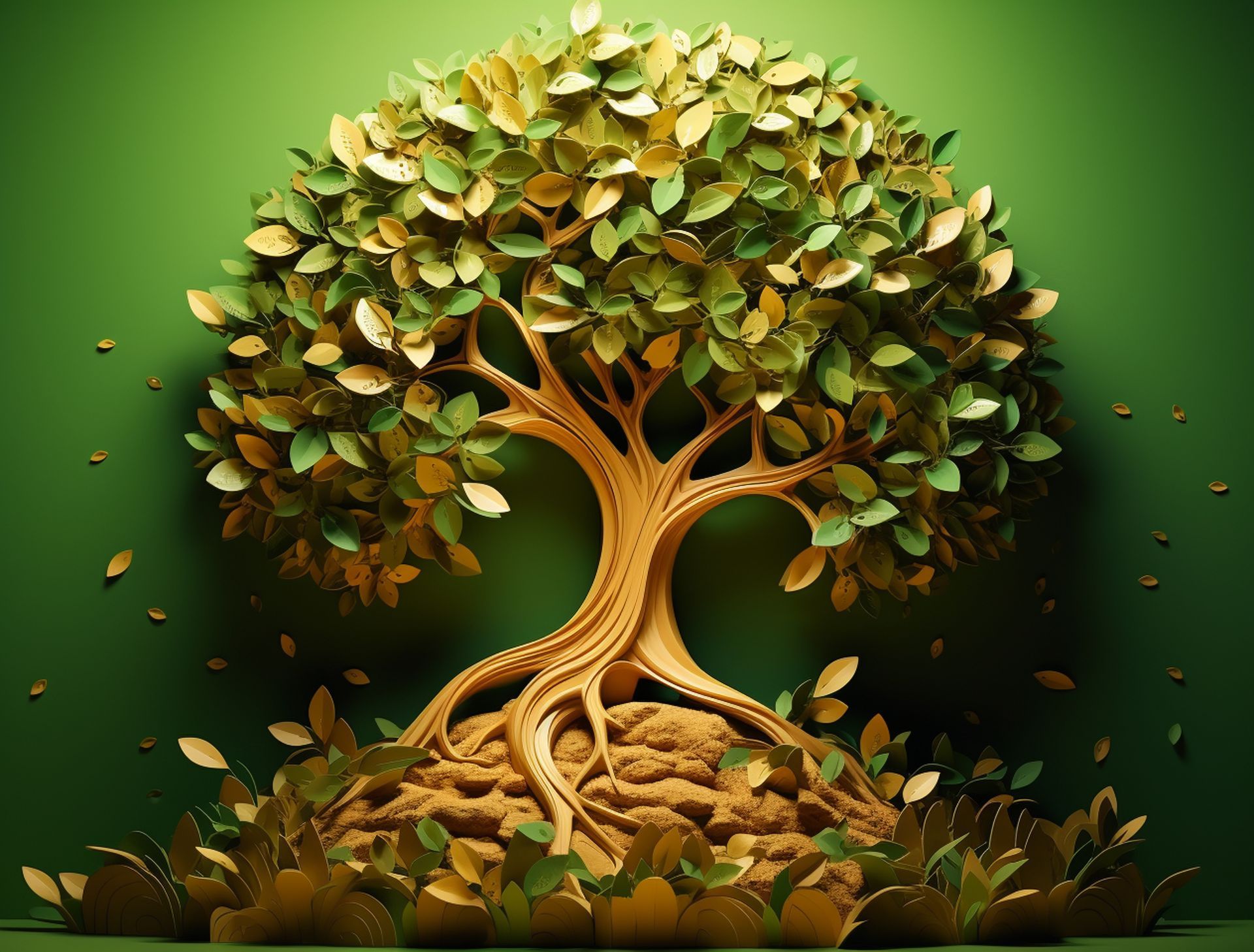 Golden tree with a twisting trunk and lush green leaves on a dark green background