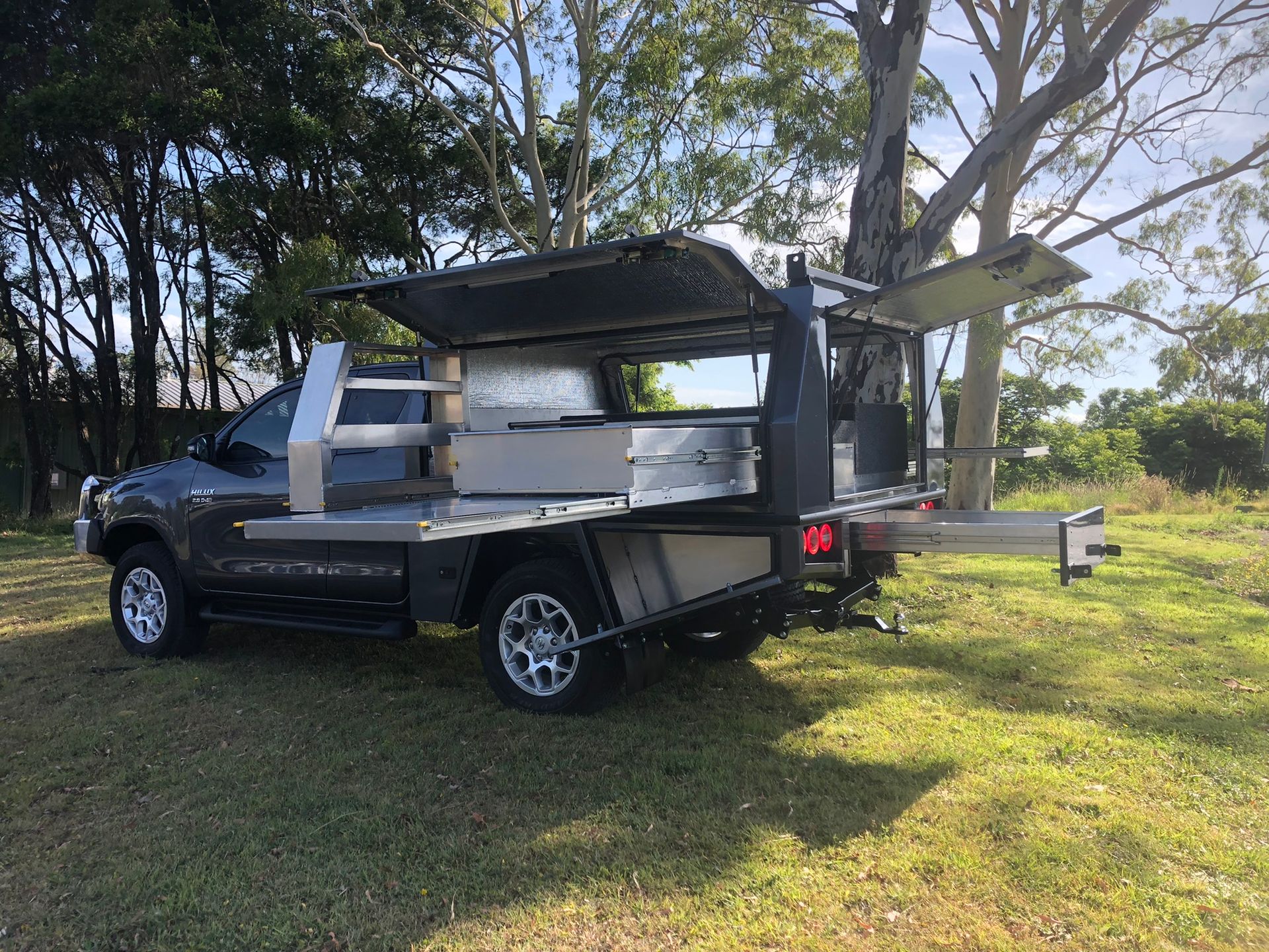 Dark Grey Pickup Truck With Custom Metal Canopy — Soward Steel & Aluminium Fabrication in South Lismore, NSW