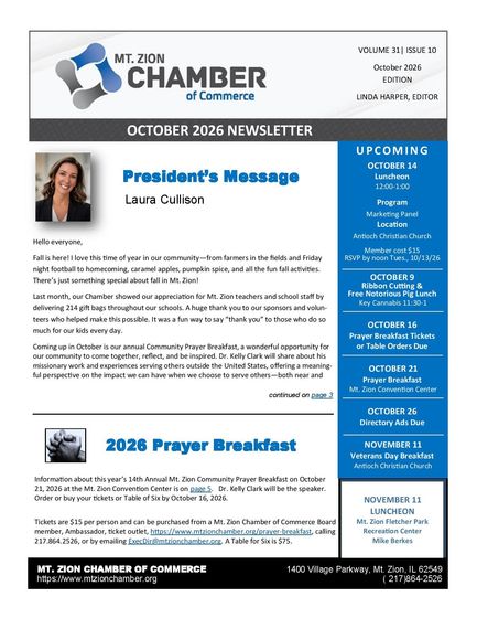A february 2015 newsletter from mt. zion chamber of commerce