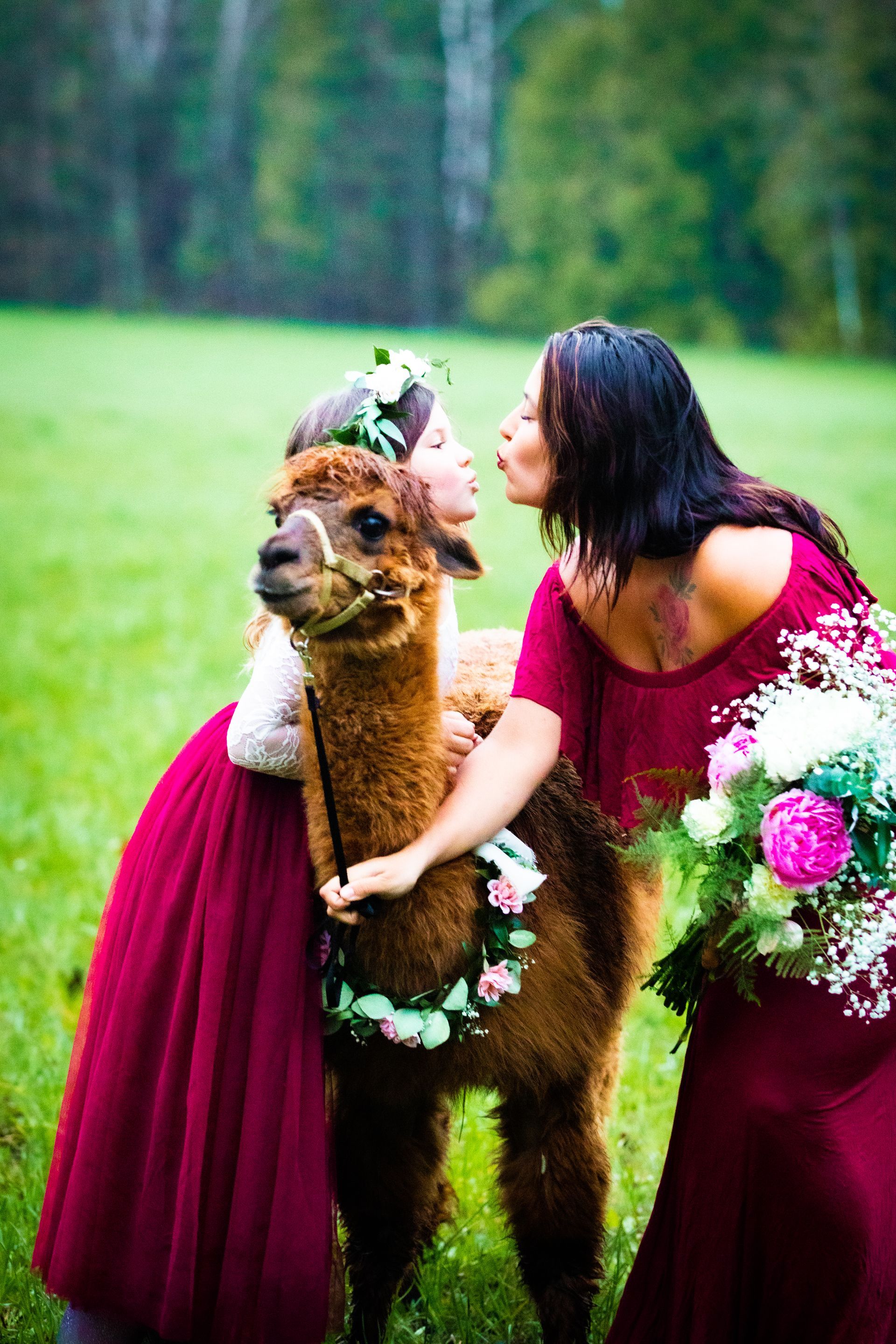 Woman in a magenta dress embracing a llama adorned with flowers in a grassy field.